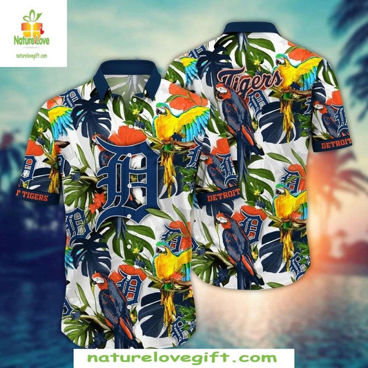 Detroit Tigers Hawaiian Shirt Vibrant Parrot Print MLB Baseball Apparel