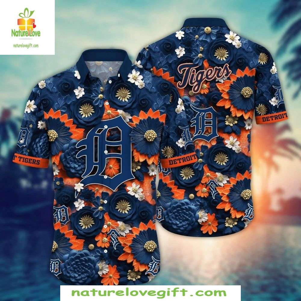 Detroit Tigers Hawaiian Shirt Floral Fanfare Blue MLB Baseball Apparel