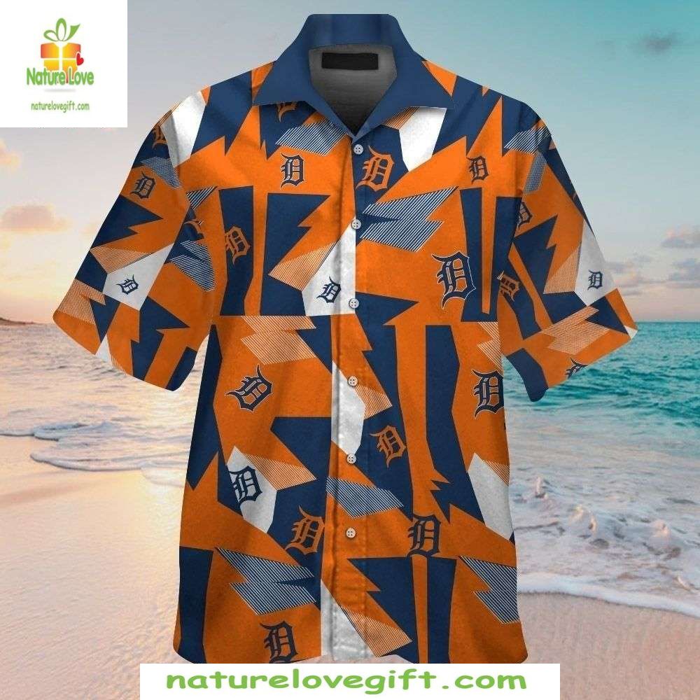 Detroit Tigers Hawaiian Shirt Geometric Burst Orange Blue Baseball Apparel