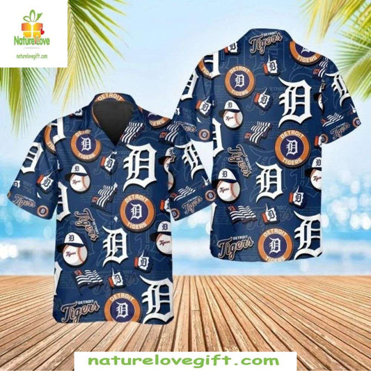 Detroit Tigers Hawaiian Shirt Navy MLB Baseball Icons Logo Apparel U1D0TB5V
