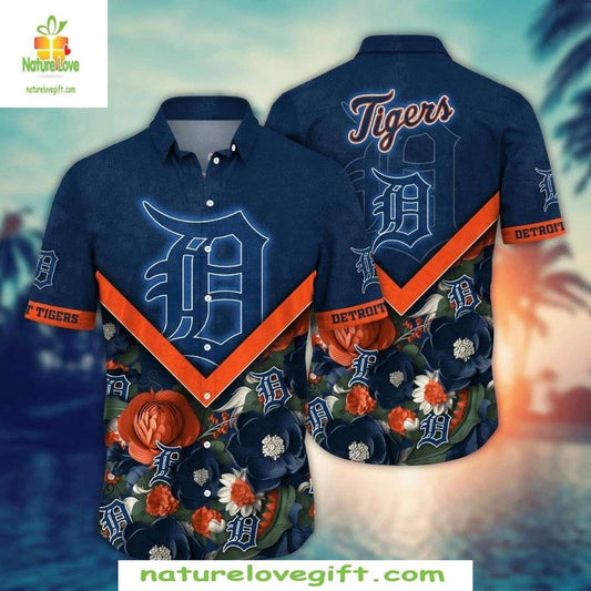 Detroit Tigers Navy Blue Hibiscus Orange Aloha Hawaiian Shirt MLB Baseball Apparel