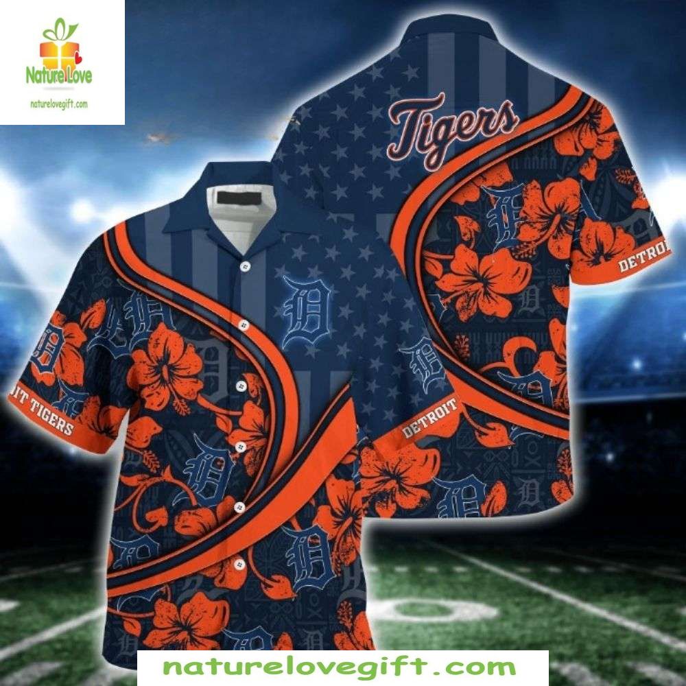 Detroit Tigers Hawaiian Shirt Orange Navy Floral Baseball Apparel