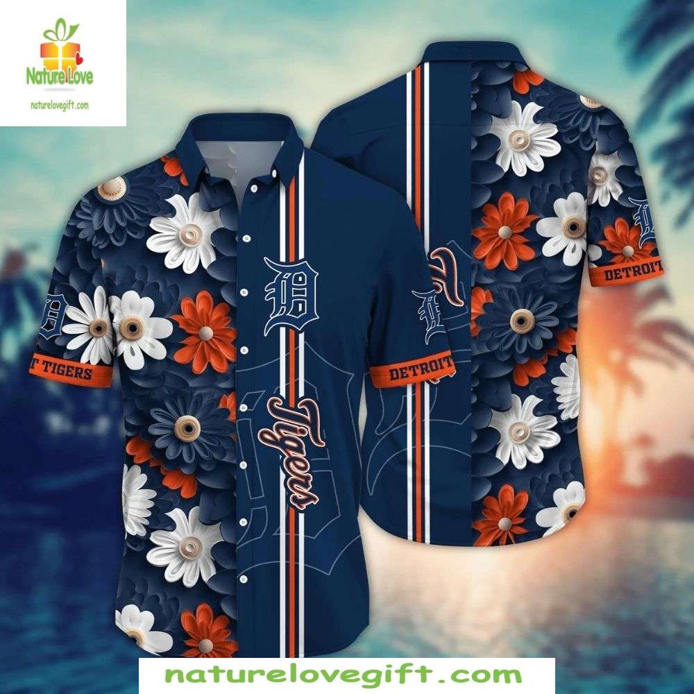 Detroit Tigers Hawaiian Shirt Navy Tropical Floral Baseball Apparel