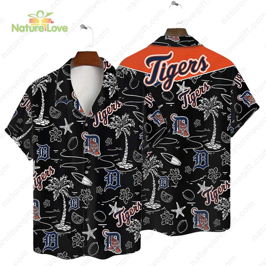 Detroit Tigers Tropical Palms MLB Black Hawaiian Shirt