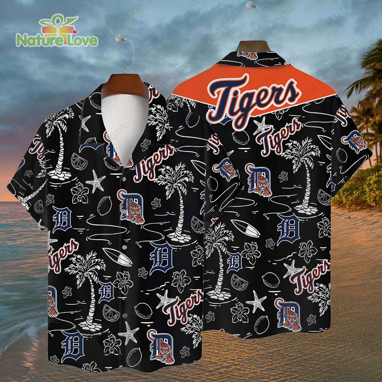 Detroit Tigers Tropical Palms MLB Black Hawaiian Shirt