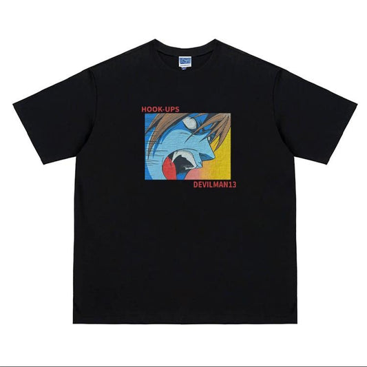 Devilman "Calling" Heavyweight Vintage Tee 100% Cotton OVERSIZED Anime T-shirt Menswear Top Crew Necks Tshirt Casual Streetwear Black Crewneck Tropical Shortsleeve