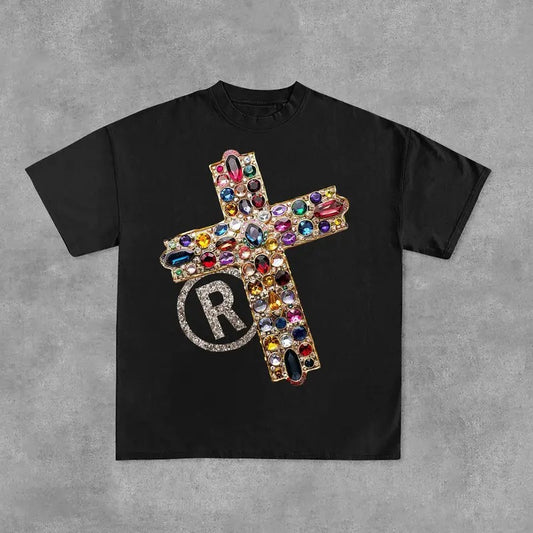 Diamond Cross Graphic Y2k Fashion Streetwear Print Casual Cotton T-Shirt