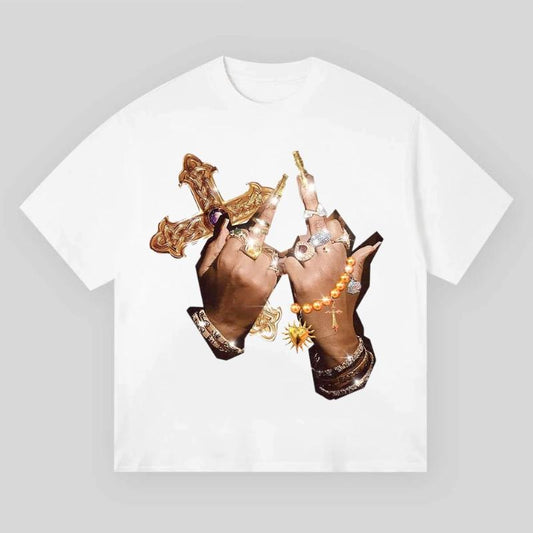 Diamond Ring Finger Print T-shirt, Vintage Graphic Tee, Y2k Clothing, Unisex Cotton Crewneck T-Shirt - Medium, Short Sleeve, Casual Streetwear Printed Tee