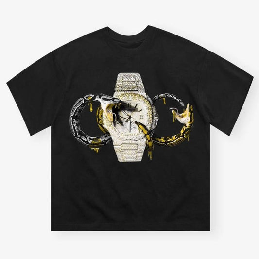 Diamond Watch & Snake Print T-shirt, Vintage Graphic Tee, Y2k Clothing, Unisex Cotton Crewneck T-Shirt - Medium, Short Sleeve, Casual Streetwear Printed Tee