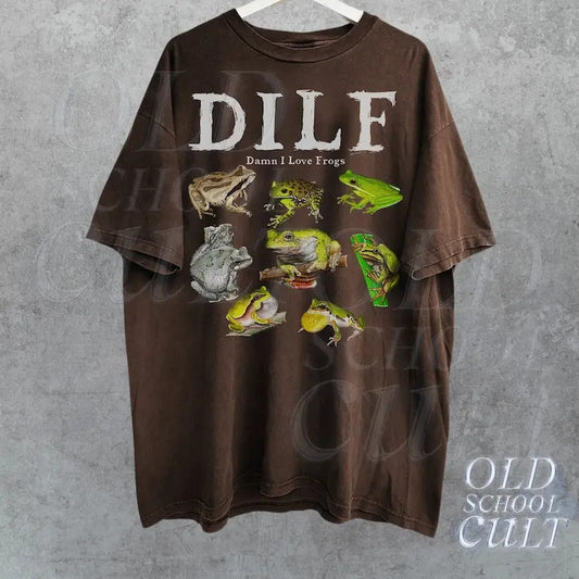 Dilf Damn I Love Frogs Frog 90s Vintage Graphic Shirt, Retro Toad Tee, Nature Shirt, 2000s Funny Frog Shirt, Unisex Adult Relaxed Cotton Tee