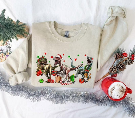 Dinosaur Christmas Sweatshirt, Dinosaur Sweatshirt, Funny Christmas Hoodie, Dinosaur Sweater Long Sleeve Cotton T-Shirts
