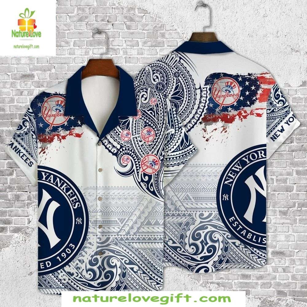 NY Yankees Hawaiian Shirt Vintage Blue White Distressed Paisley MLB Baseball Apparel