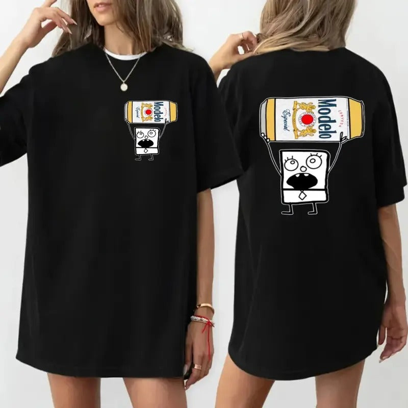 Doodlebob Modelo Beer Essential 2 Sided T Shirt, Funny Drinking T Shirt, Summer T Shirt , Unisex Short Sleeve Tee Shirt, Casual Clothing Top Womenswear