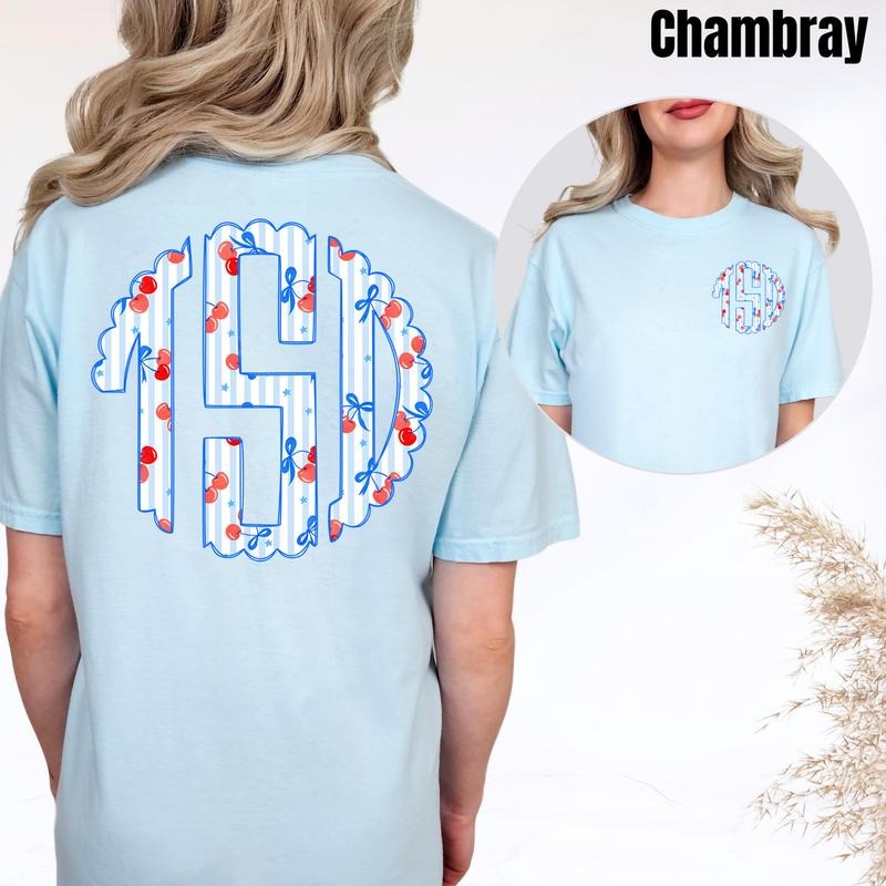 Double Cherry Stripe Monogram Comfort Colors T-Shirt 'NLB' Hoodie, Sweatshirt | InkThreadWorks.com