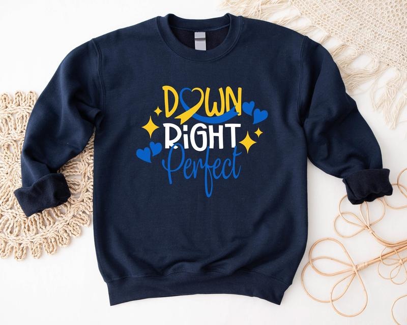 Down Right Perfect Sweatshirt, Down Syndrome Awareness Hoodie, Extra Chromosome Sweater, Unisex Yellow And Blue Ribbon...