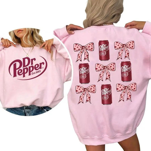 Dr Pepper Coquette Bow Pink Hoodie, Retro Soda Dr Pepper Hooded, 2 Sided Casual Classic Cotton Crewneck Graphic Shirt Gift For Men And Women