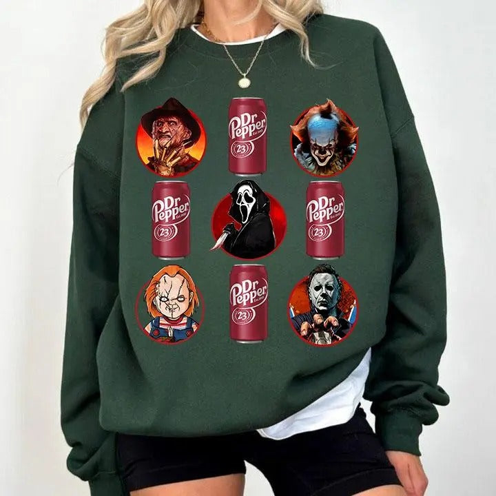 Dr Pepper Halloween Horror Characters Sweater, Trending Halloween Dr Pepper M1chael My3rs Ghostface Ch3cky Movie Characters Unisex cotton Sweatshirt for men & women