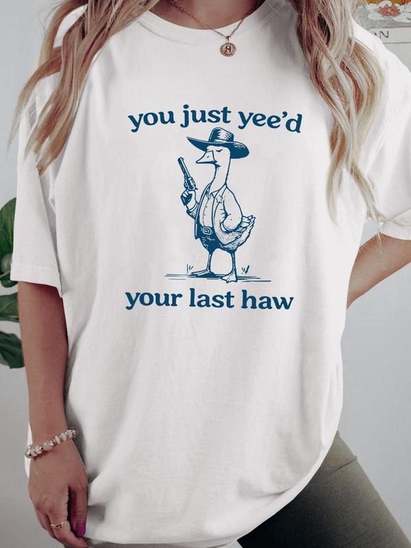 Duck & Letter  Drop Shoulder  T Shirts, Casual Half Sleeve Round Neck T-Shirt, Women's Top for Daily Wear, Graphic Tees,...