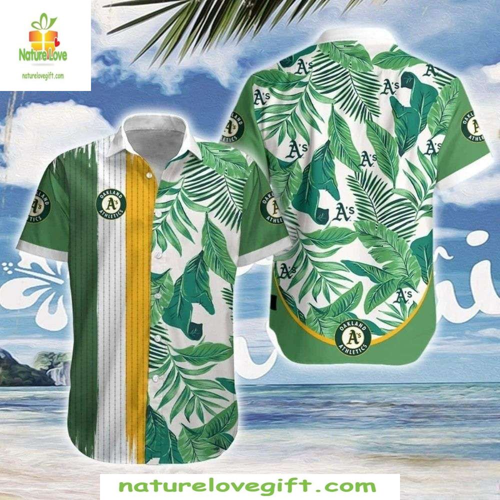 Oakland A’s Hawaiian Shirt Green Stripe Foliage Print MLB Baseball Apparel