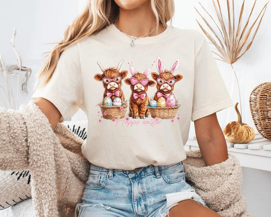 Easter Highland Cows Unisex Shirt ONLY ONE NATURAL LARGE AVAILABLE Hoodie, Sweatshirt | InkThreadWorks.com