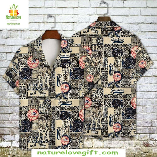 NY Yankees Hawaiian Shirt Elegant Tapa Beige Navy MLB Baseball Apparel