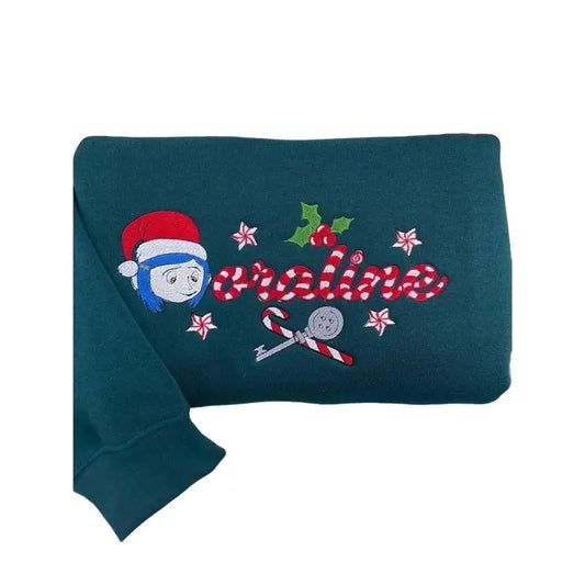 Embroidery Coraline celebrate Christmas Sweatshirt, Coraline Halloween Christmas Shirt, Coraline Horror Movies Hoodie, Christmas Hallowen Gift, Trendy design shirt, Graphic Shirt