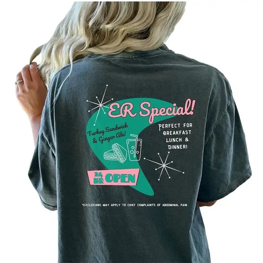 Emergency Room Diner Nursing Humor Shirt, Medical Joke Tee Funny ED RN T-shirt, Turkey Ring Traditional Comfort Cotton Collar Fabric Top Womenswear