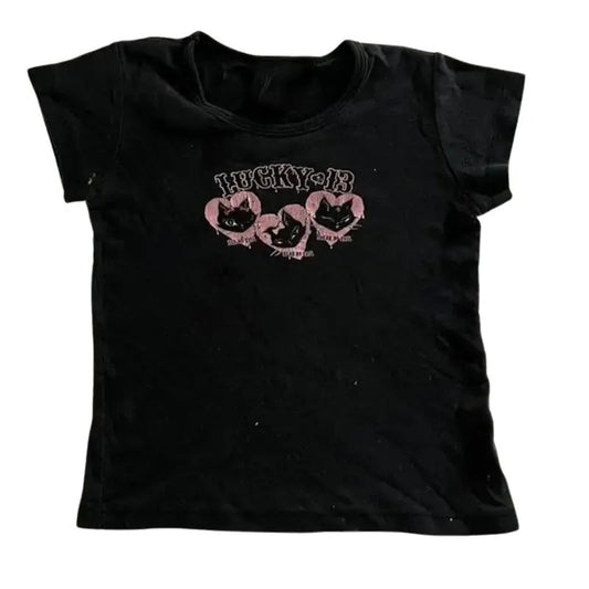 Emo Girl Cat Baby Tee, Y2k Top Women Streetwear, Emo Scene 2000s Clothes, Women Fitted T-Shirt, Grunge 2000s, Casual...