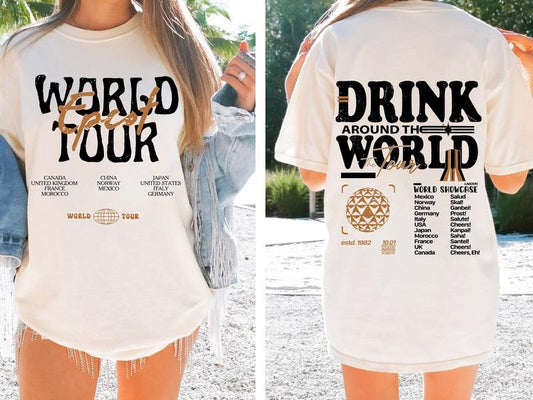 Epcot World Tour Shirt, Retro Drink Around The World Shirt, Group Trip Shirt, Retro Epcot Shirt, Soft Unisex Fit, Music Lover's Gift, Trendy Concert Merch, Full Sizes, Full Colors, Comfort Cotton Tshirt