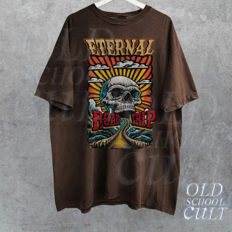 Eternal Road Trip Retro T-Shirt, Vintage 90s Skull Graphic Shirt, Washed Relaxed Shirt, Retro Unisex Graphic Shirts, Road Trip Shirts
