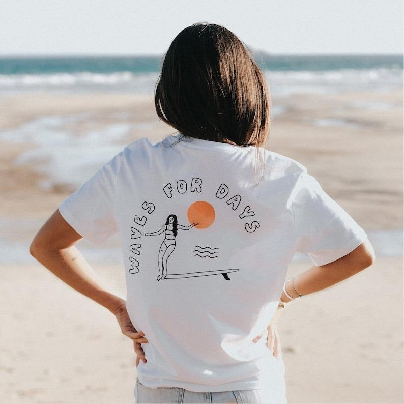 Ethically Made Oversized Surf T-Shirt: Waves for Days Screenprint Top | Eco-Friendly Screenprint, Women's Top