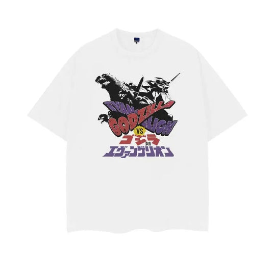 Eva "Unit-01 vs Godzilla" Vintage Oversized Tee Anime T-shirt 100% Cotton Original Design DTG Printing Top Casual Man White