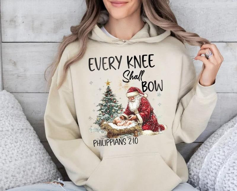 Every Knee Shall Bow Sweatshirt, Nativity Scene, Santa Christmas Shirt, Kneeling Santa, Baby Jesus Hoodie, Unisex Sweater...