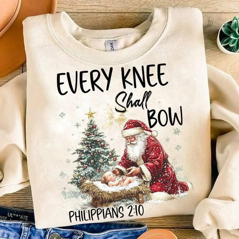 Every Knee Shall Bow sweatshirt,hoodie,tshirt, sublimation, Nativity Scene tshirt, Santa Christmas hoodie, Christmas...