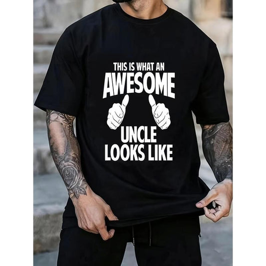 Everyday Casual, Awesome Uncle" Men's Casual Sports Tee - Navy Blue, 100% Cotton, Regular Fit with Thumbs-Up Graphic, Machine Washable & Dry Cleanable Made in USA