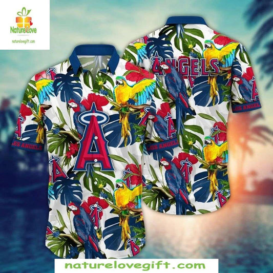 MLB Hawaiian Shirt Exotic Parrot Tropical Flora LA Angels Baseball Apparel