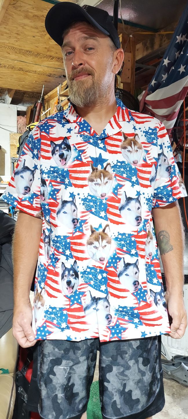 Custom Hawaiian Shirt With Pet Face | Personalized Gift For Pet Lovers | Red & Blue Leaves Pattern Aloha Shirt