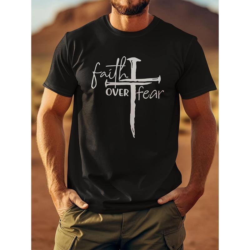 'FAITH OVER FEAR' - Men's Front Printed Short-sleeved T-shirt - Comfortable & Breathable Casual Tops for Summer, Spring & Fall Made in USA