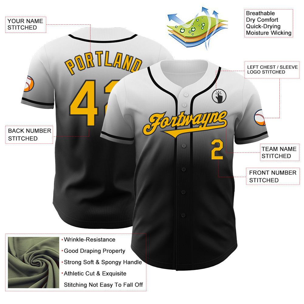Custom White Gold-Black Authentic Fade Fashion Baseball Jersey