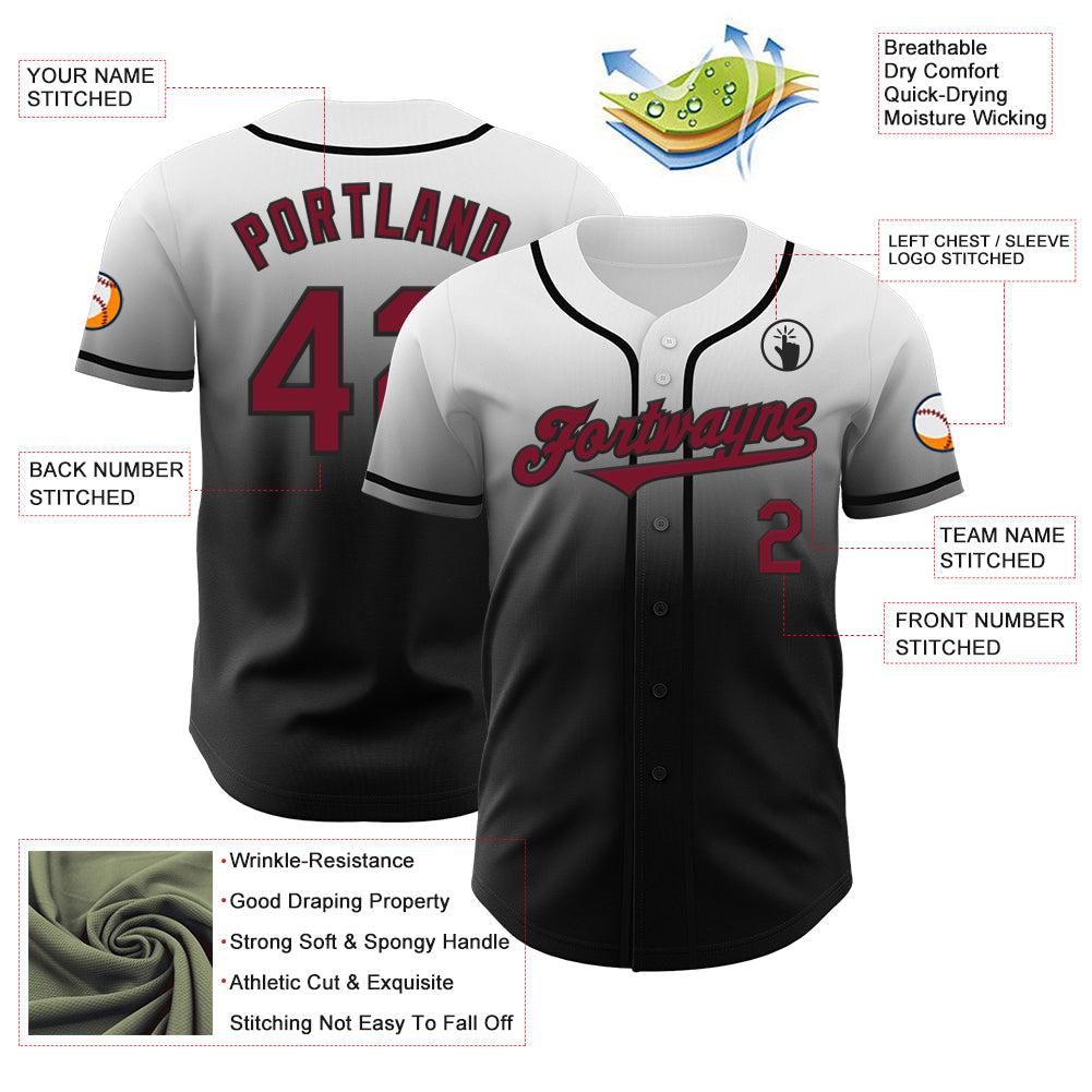 Custom White Crimson-Black Authentic Fade Fashion Baseball Jersey