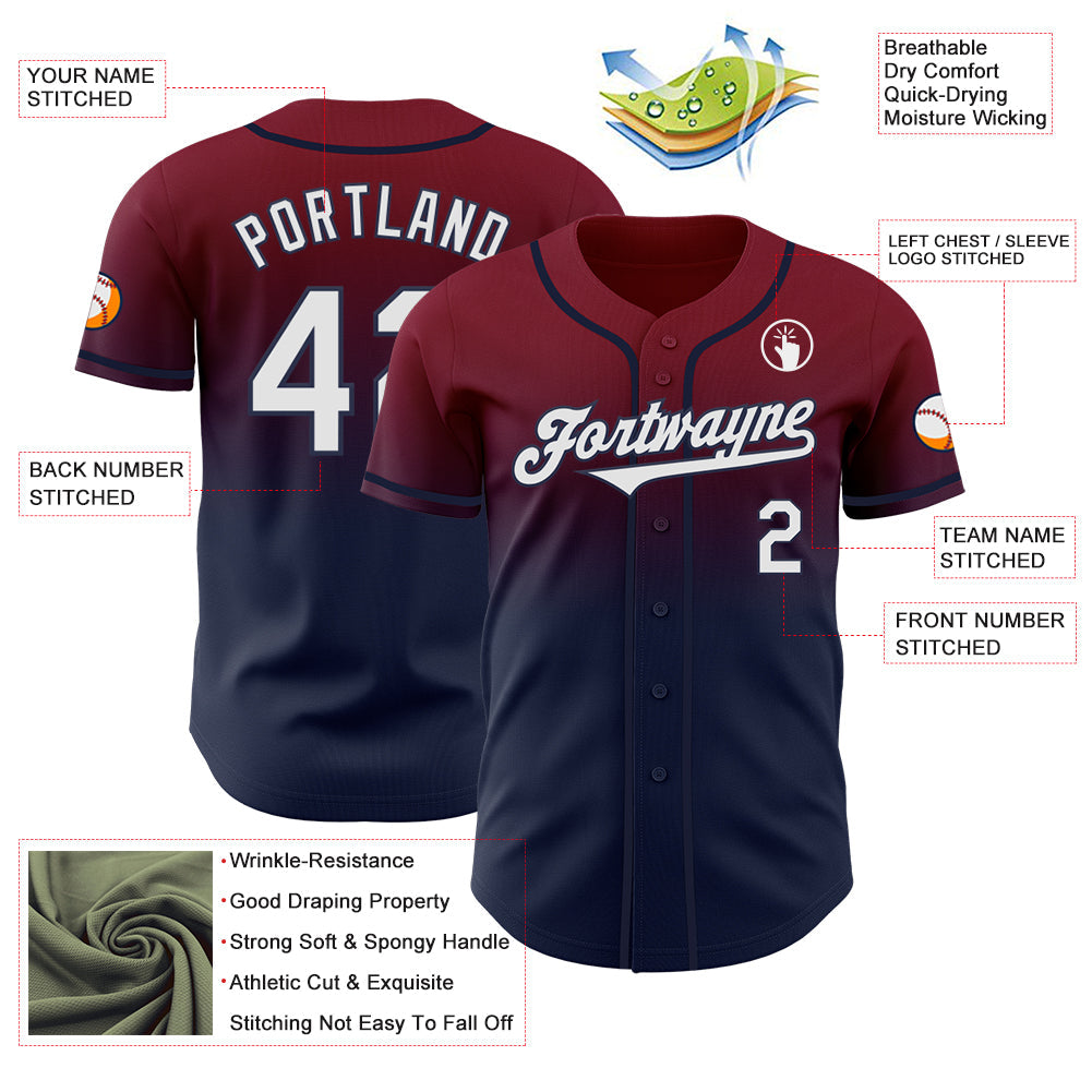 Custom Crimson White-Navy Authentic Fade Fashion Baseball Jersey