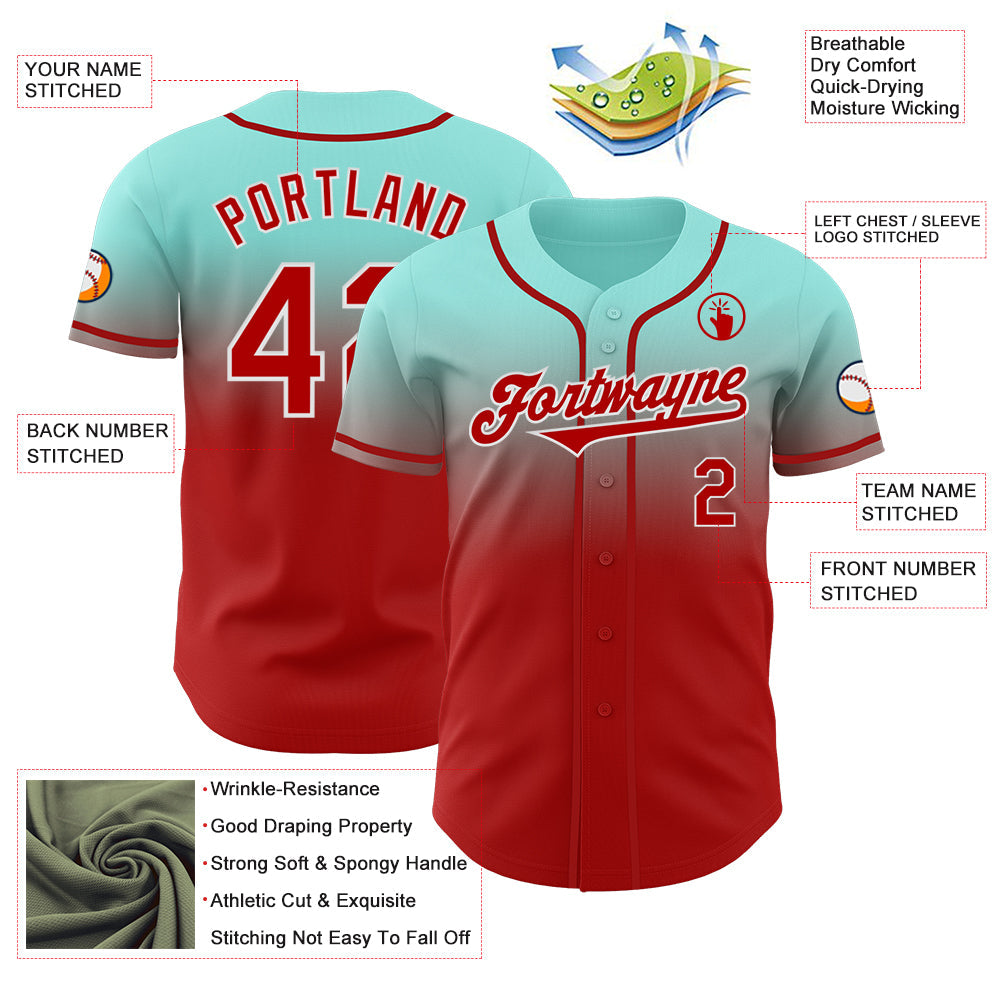 Custom Ice Blue Red-White Authentic Fade Fashion Baseball Jersey