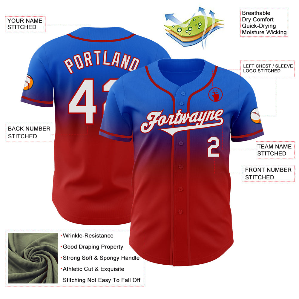 Custom Thunder Blue White-Red Authentic Fade Fashion Baseball Jersey