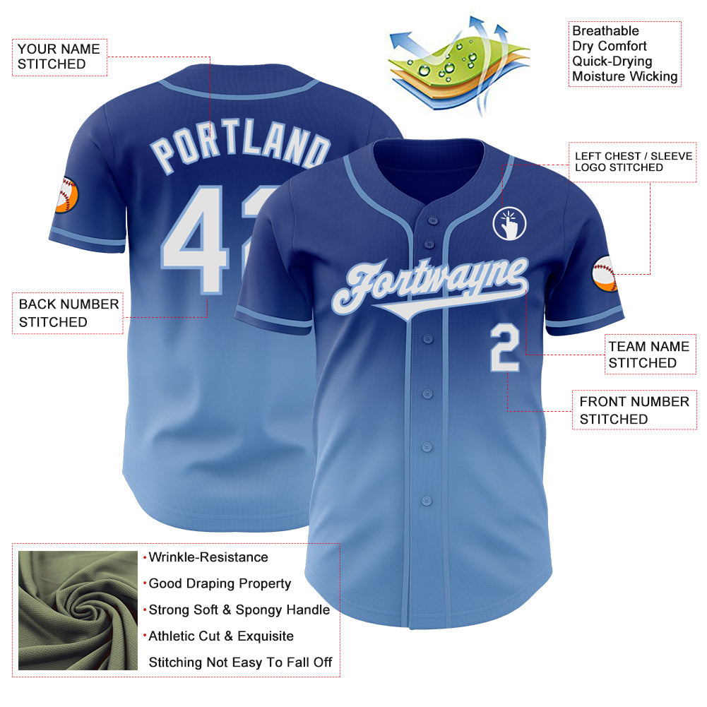 Custom Royal White-Light Blue Authentic Fade Fashion Baseball Jersey