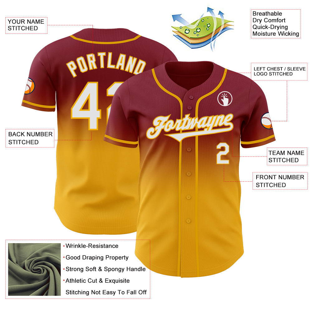 Custom Crimson White-Gold Authentic Fade Fashion Baseball Jersey