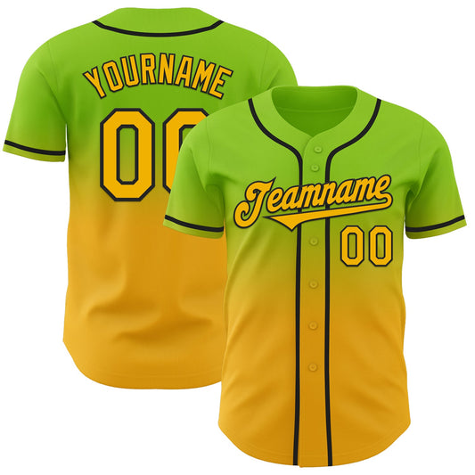 Custom Neon Green Gold-Black Authentic Fade Fashion Baseball Jersey