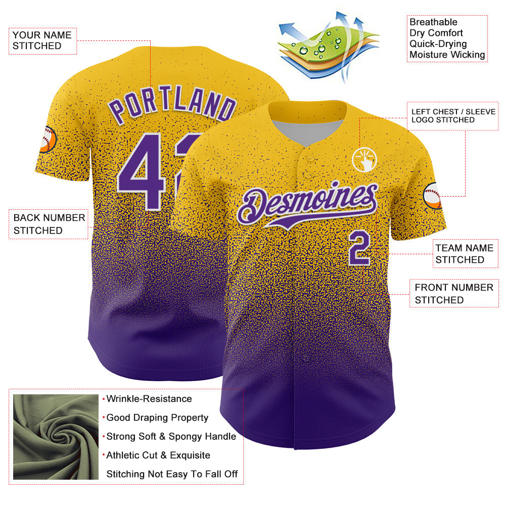 Custom Yellow Purple-White Fade Fashion Speckle Authentic Baseball Jersey