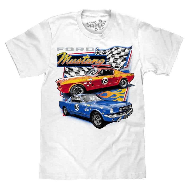 Faded Ford Mustang 65 Racecar T-Shirt - White
