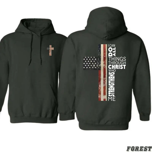 Faith Cross Hoodie - Patriotic American Flag Cross Design with Inspirational "I Can Do Any Thing" Quote, Perfect for Believers Unisex
