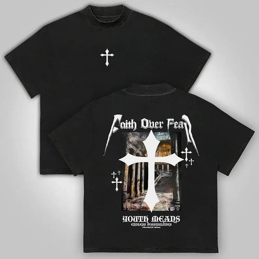 Faith Over Fear Oil Painting Print Cotton T-Shirt graphic  tee mens  clothing